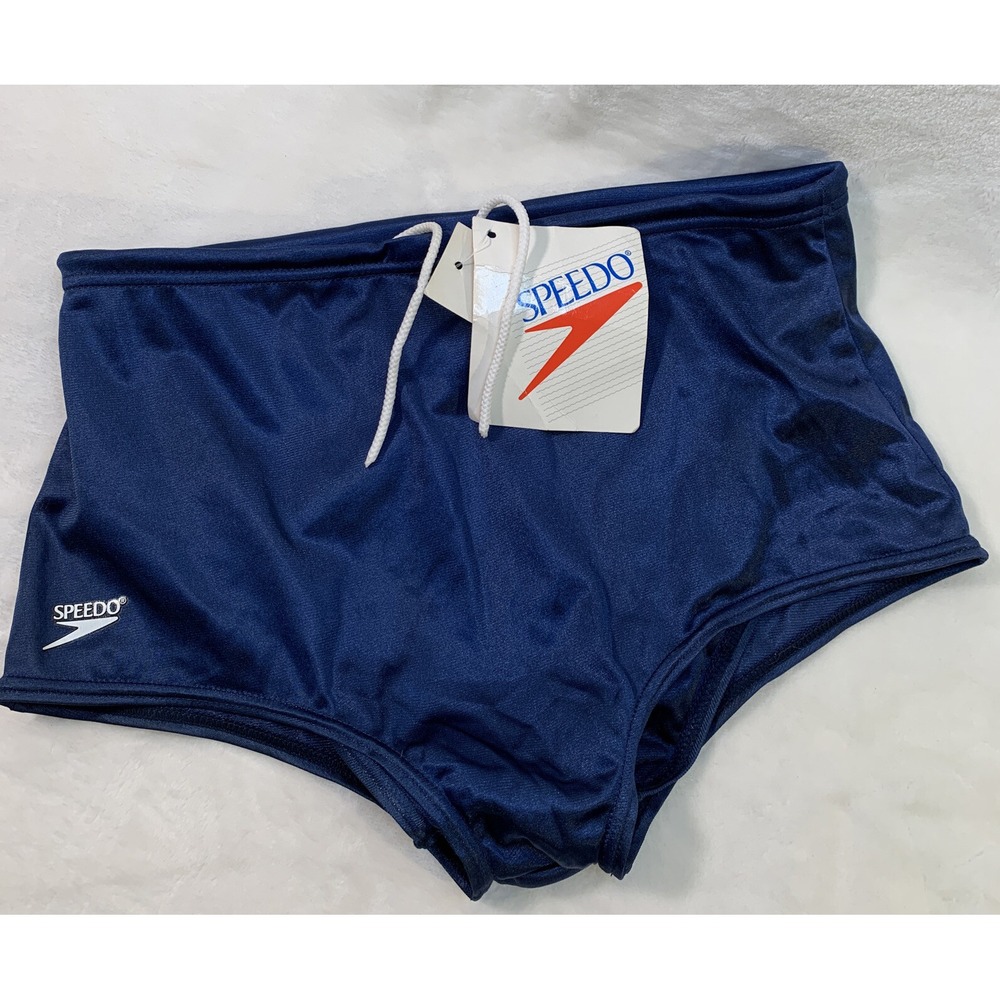 Speedo Vtg 100% Nylon Mens Swim Brief Trunks Square Leg Blue Logo Size 26 NWT